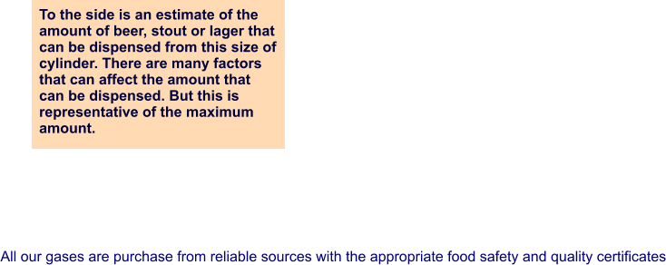 To the side is an estimate of the amount of beer, stout or lager that can be dispensed from this size of cylinder. There are many factors  that can affect the amount that  can be dispensed. But this is  representative of the maximum amount. All our gases are purchase from reliable sources with the appropriate food safety and quality certificates